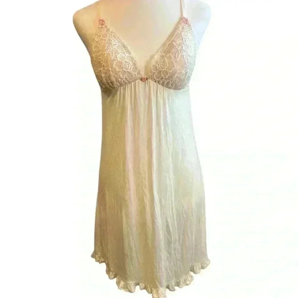 Betsey Johnson Chemise Lingerie  Nightgown Lace Trim Sheer White - Picture 6 of 6